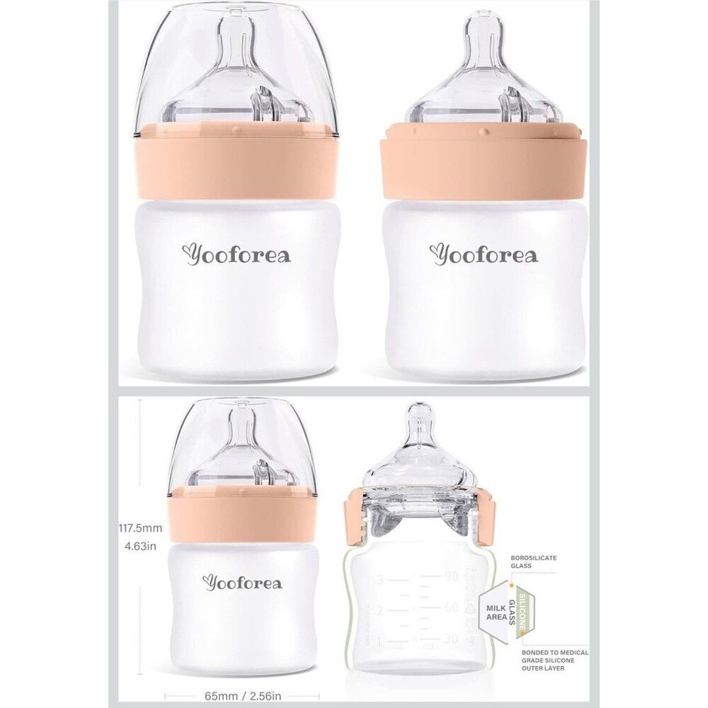 2 Pack Yooforea Silicone Coated Glass Baby Bottle, 0M+ Slow 3 Ounce